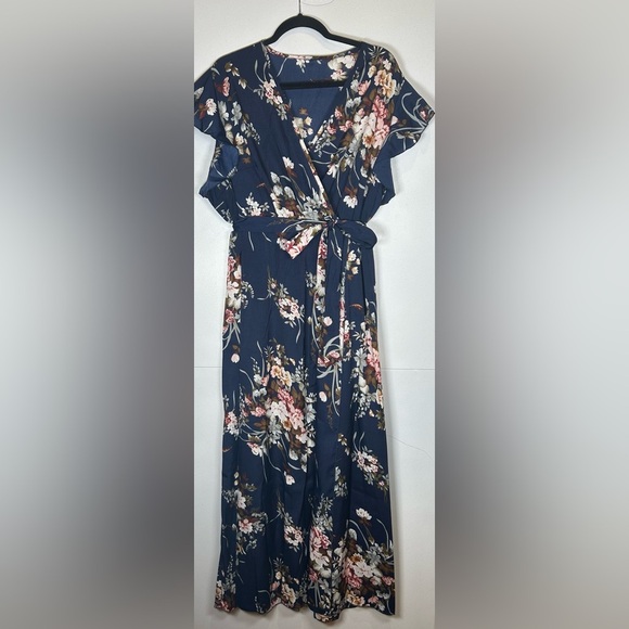 Fall Dress! Navy Floral Wrap Maxi Dress. Neck. Elastic Waist. Size 2X - Picture 1 of 7